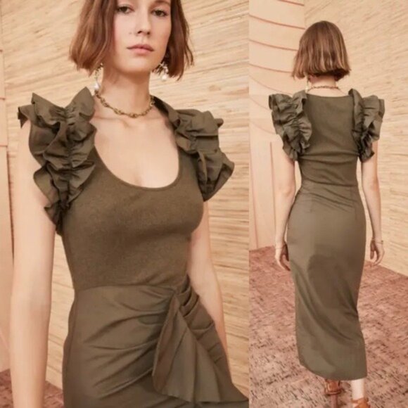 Ulla Johnson Isabella Ruffle Dress XL Military Melange Draped Midi Green - Picture 3 of 13